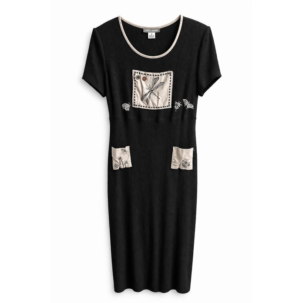 Vintage Dressbarn Black Crinkle Dragonfly Bugs Maxi Dress Women's 16 Kitsch